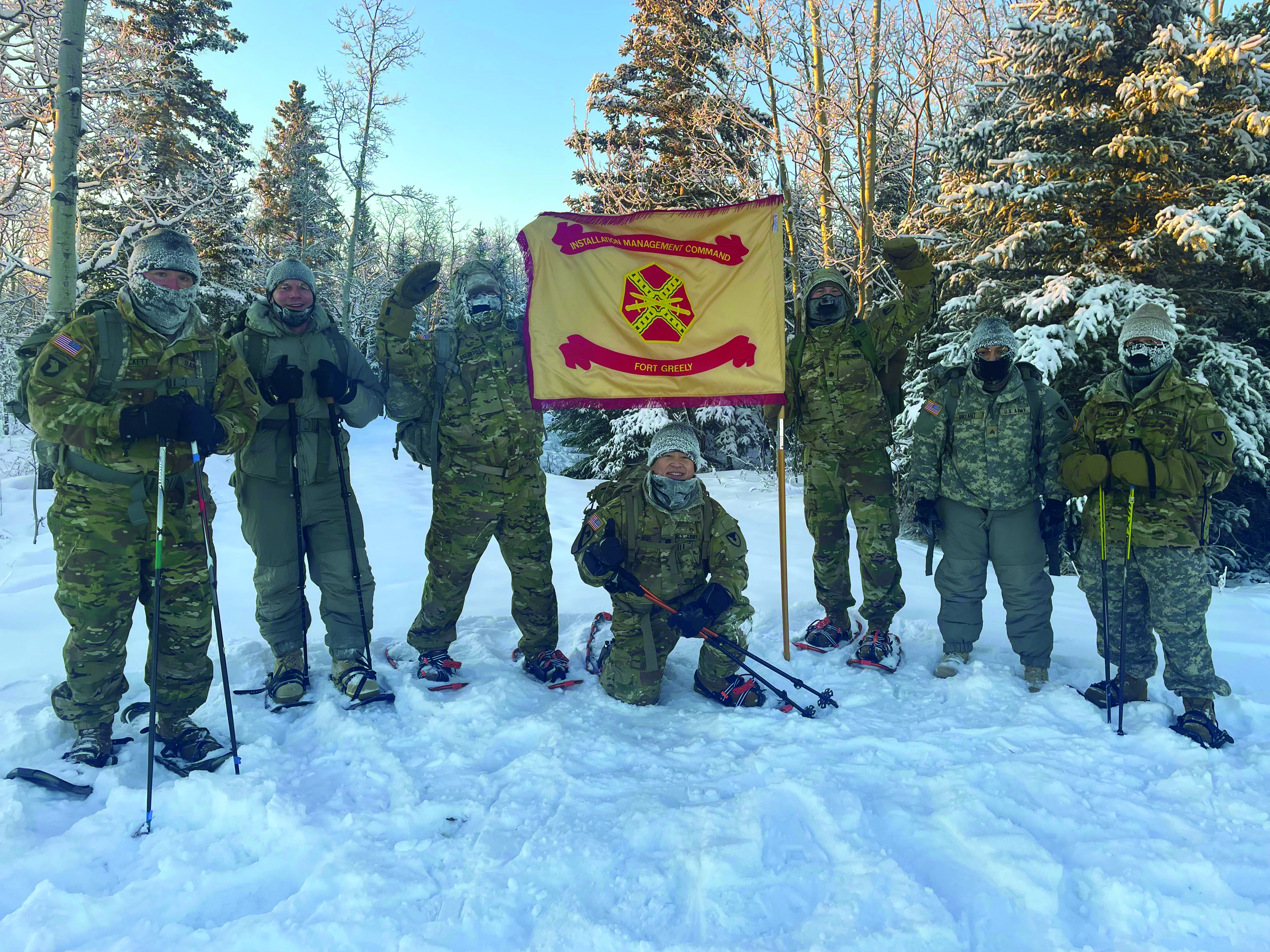 In November 2021, command judge advocate CPT Charley Eiser (second from the left) conducted a snowshoe hike with the Fort Greely, Alaska Garrison Command Team. The conditions on Fort Greely’s Bison Trail that morning included temperatures dropping down to -32 degrees!